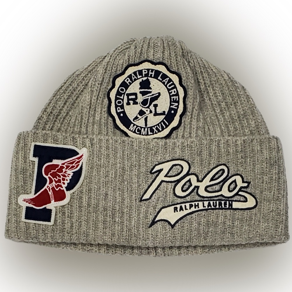 Polo Ralph Lauren Grey P-Wing Script Patch  Embroidered Logo Patch Beanie NWT